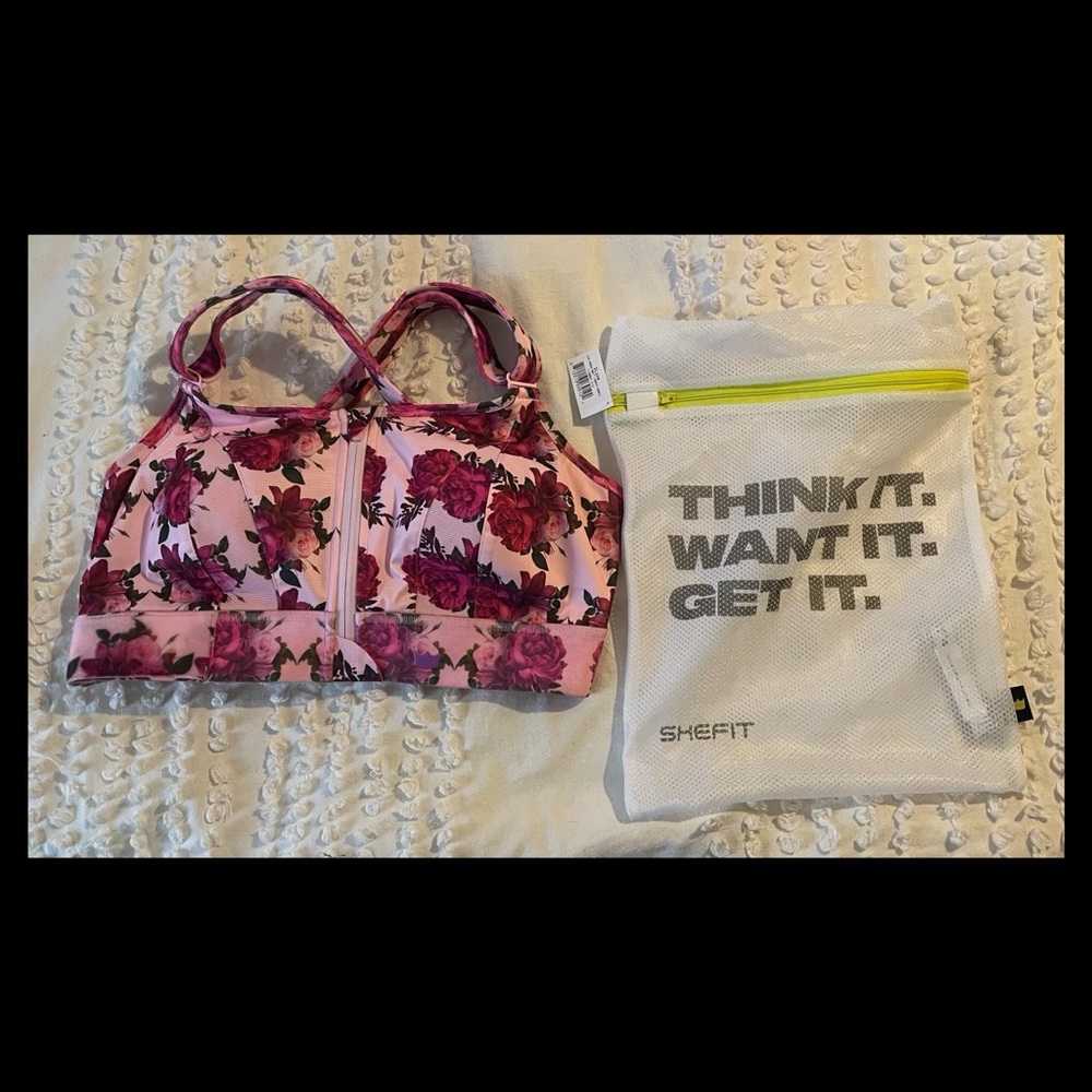 SheFit Pink Floral Front-Zip Sports Bra